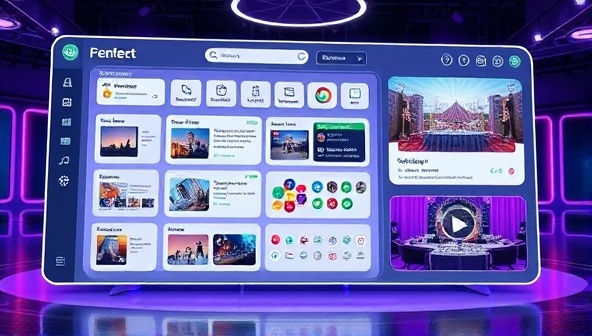 A futuristic digital rendering of a virtual event planning dashboard with interactive features, event templates, and 3D virtual venue previews, creating a dynamic and immersive event planning experience.