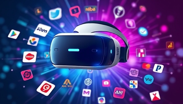 An eye-catching VR headset surrounded by digital elements and brand logos, symbolizing the blend of technology and marketing creativity in VR brand experiences.