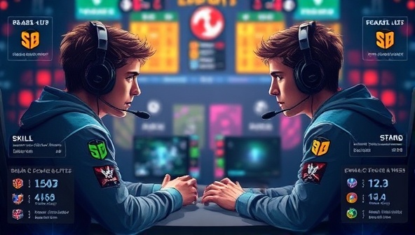 An artistic representation of two eSports players in a competitive match, surrounded by digital indicators of skill levels and performance metrics, illustrating the focus on skill-based betting and competitive gaming in the eSports industry.