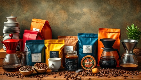An artistic portrayal of a coffee lover's paradise with an assortment of colorful coffee bags, brewing equipment, and aromatic coffee beans, evoking a sense of passion, craftsmanship, and exploration synonymous with BrewMasters Coffee Club's offerings.