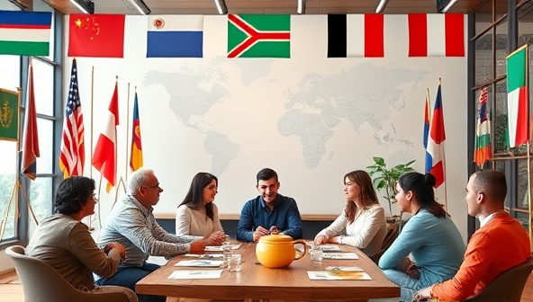 An international language cafe setting with virtual flags representing different countries, language study materials, and diverse avatars engaged in language conversations, capturing the essence of cultural exchange and global connections within the online community.