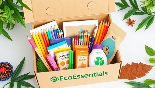 An assortment of colorful and eco-friendly school supplies neatly arranged in a sustainable packaging box, surrounded by greenery and natural elements, symbolizing the harmony between education and environmental conservation in EcoEssentials School Box.