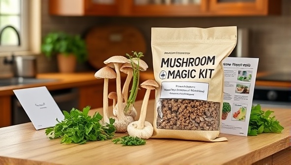 An inviting kitchen counter displaying a Mushroom Magic Kit in action, with mushrooms sprouting from the substrate bag, surrounded by fresh herbs and a recipe book, creating a cozy and culinary atmosphere that inspires home cooking and gardening.