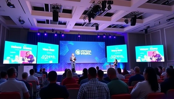 An engaging virtual event setup featuring a stage with digital screens, interactive chat features, and virtual attendee avatars interacting with speakers and content, creating a dynamic and immersive event experience for participants.