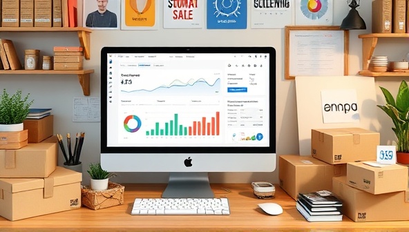 An e-commerce-themed workspace with a computer screen displaying automated bookkeeping dashboards, surrounded by shipping boxes, product samples, and e-commerce branding materials, illustrating the seamless integration of financial automation in online businesses.