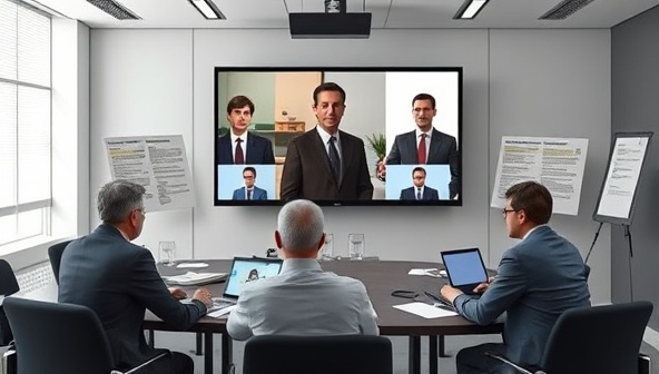 A digital conference setting with lobbyists engaging in a virtual meeting with policymakers, surrounded by policy documents and advocacy materials, illustrating collaborative efforts to influence legislative decisions and advocate for societal change.