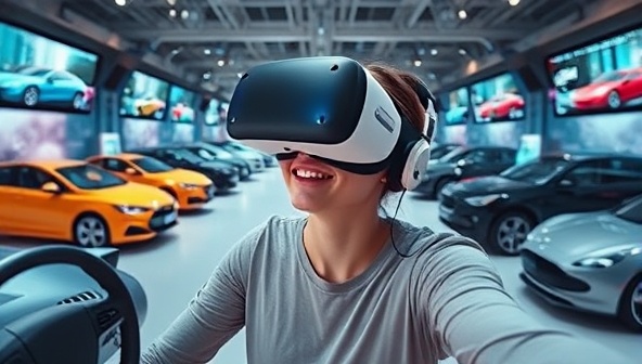 An engaging visual representation of a user wearing a VR headset immersed in the VirtuCar Showcase environment, surrounded by digital car models, interactive touchscreens, and virtual test drive simulations, creating a futuristic and captivating car shopping experience in the virtual world.