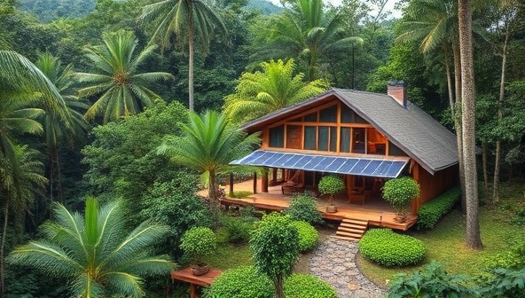 An idyllic eco-lodge nestled in a lush rainforest setting, featuring solar panels, rainwater harvesting systems, recycled materials, and organic gardens, illustrating a harmonious blend of luxury and sustainability in a natural paradise.
