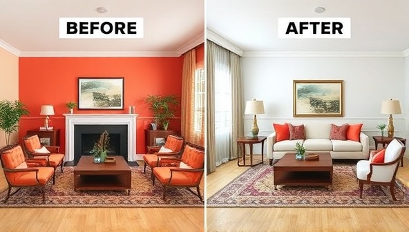 A digital mock-up of a living room transformation, showcasing before and after images, with vibrant colors and modern furniture accents, evoking a sense of elegant design transformation.