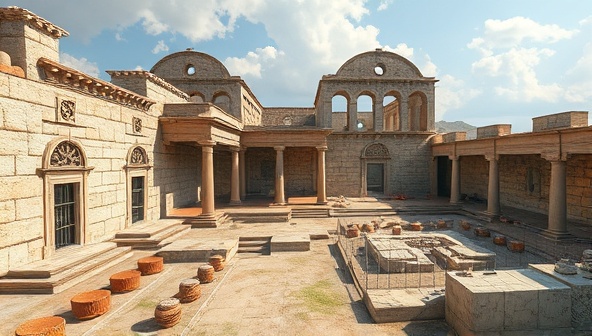 An immersive digital illustration featuring a virtual historical tour of ancient ruins with detailed architectural elements and cultural artifacts, evoking the essence of exploration and discovery in HeritageHorizon's virtual history and heritage tours.