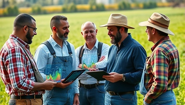A professional consultant discussing agri-tech solutions with a group of engaged farmers, surrounded by digital tablets displaying farm data analytics and futuristic farming technologies, illustrating the blend of traditional agriculture with cutting-edge innovations.