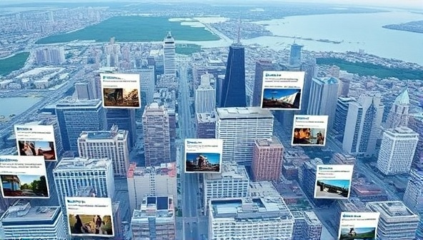 A digital map interface showing a city with targeted social media ads popping up over different neighborhoods, highlighting the precision and customization of the hyper-local advertising service.