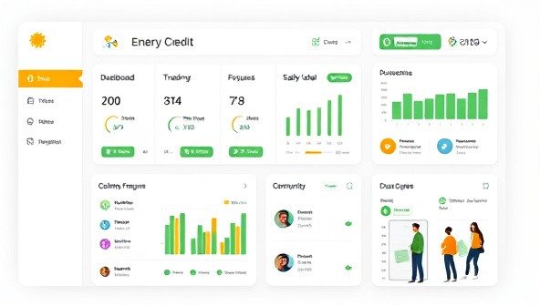 A digital platform interface showing a user-friendly dashboard with solar energy credit trading options, community forums for discussions, and real-time energy generation data, illustrating a seamless and collaborative solar-sharing experience, with diverse users engaging in sustainable energy practices.