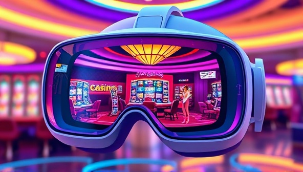 A futuristic VR headset displaying a vibrant virtual casino environment with animated players interacting and playing games, highlighting the immersive and engaging nature of the VR Casino Oasis experience.