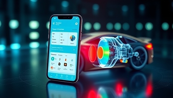 A futuristic depiction of AutoMind Monitor in action, showing a smartphone screen displaying a detailed car maintenance schedule, service recommendations, and a 3D visualization of a vehicle's engine health status, symbolizing smart automotive care and efficiency through AI technology.