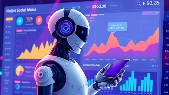 A futuristic digital illustration depicting an AI-powered robot analyzing social media data streams and suggesting content strategies on a dynamic digital dashboard, with colorful graphs and charts representing engagement metrics and posting schedules, conveying efficiency and innovation in social media management.