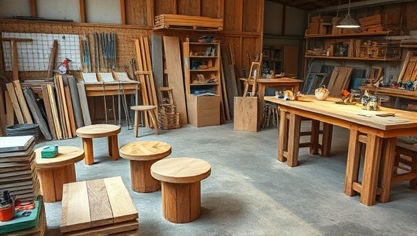 A workshop setting with artisans crafting unique furniture pieces from reclaimed construction materials, surrounded by tools, raw materials, and finished upcycled products, demonstrating the creativity and sustainability of construction waste upcycling in action.