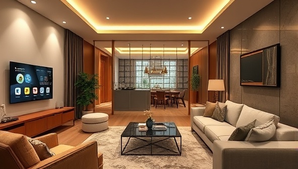 An elegant living room with smart home devices seamlessly integrated, showcasing voice-activated controls, automated lighting, and security features, illustrating the modern and convenient lifestyle offered by HomeTech Assist.