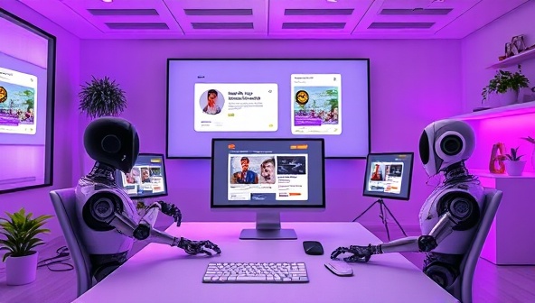 A virtual design studio with chatbot avatars interacting with clients, exchanging design ideas, and presenting website mockups in a seamless and engaging environment, demonstrating the innovative and interactive nature of ChatCraftWeb's chatbot-driven web design service.