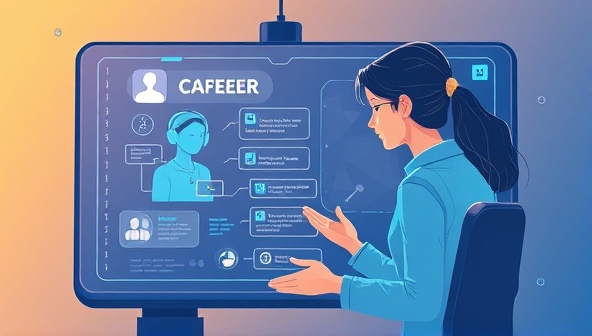 An illustration of a futuristic virtual assistant interacting with a user on a digital screen, providing career advice and guidance in a dynamic and engaging way.
