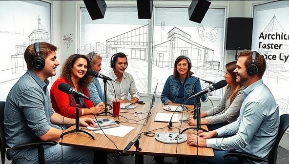 An artistic representation of a diverse group of architects and designers recording a podcast episode in a studio setup, surrounded by microphones, sound equipment, and architectural sketches, capturing the essence of collaboration and creativity in the Archicast podcast network.