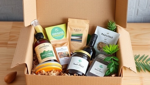 An eco-conscious image of a beautifully packaged subscription box filled with a variety of locally sourced and sustainable products, showcasing the diversity and eco-friendly nature of the offerings.
