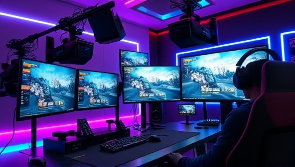 A sleek and futuristic gaming setup with high-end streaming equipment, colorful LED lights, and a professional-looking streamer showcasing gameplay on multiple screens, highlighting the studio's cutting-edge technology and support for content creators.