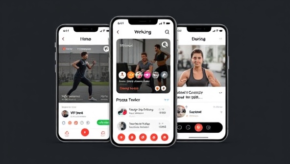 An engaging app interface displaying a workout schedule, progress tracker, and video call feature for live coaching sessions, creating a dynamic and interactive fitness experience.
