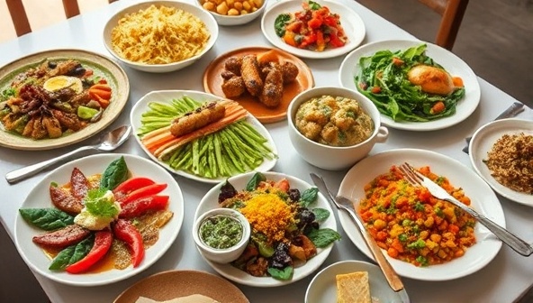 An array of vibrant and colorful plant-based dishes elegantly arranged on a dining table, showcasing the variety and creativity of vegan cuisine, appealing to health-conscious consumers and food enthusiasts looking for delicious meat-free options.