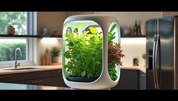 A modern kitchen setting with a sleek, vertical hydroponic pod showcasing a variety of lush, vibrant plants growing inside, creating a futuristic and eco-friendly atmosphere.