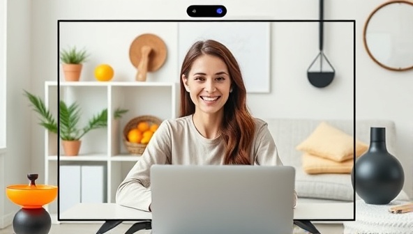 An online wellness consultation session featuring a wellness coach interacting with a client through a virtual platform, surrounded by images of healthy food, exercise equipment, and relaxation tools, conveying a sense of personalized care and support.