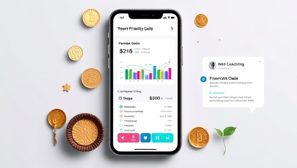 An engaging visual of a smartphone screen displaying the WealthWell App interface, featuring colorful graphs, personalized financial goals, and a chatbot offering coaching tips, surrounded by symbols of wealth and well-being, conveying a sense of financial empowerment and guidance.