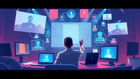 A dynamic and engaging digital illustration of a virtual event planner brainstorming ideas for a digital conference, surrounded by virtual event elements like screens, lights, and interactive features, conveying creativity, professionalism, and innovation in virtual event planning, inspiring clients to elevate their online gatherings.