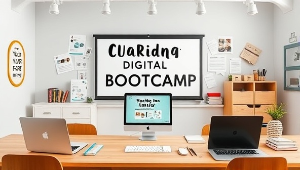 A virtual classroom setting with branding materials, laptops, and creative tools, symbolizing the transformative journey of personal branding and self-discovery in a digital bootcamp environment.