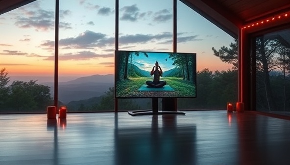 An atmospheric image depicting a serene virtual yoga retreat setting, with a panoramic view of nature, calming music playing, and a yoga instructor guiding a session on a digital screen, conveying tranquility, connection, and inner peace.