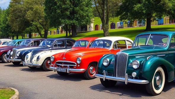 A collection of beautifully restored vintage cars lined up in a picturesque setting, capturing the elegance and timeless appeal of classic automobiles, evoking a sense of nostalgia and sophistication.