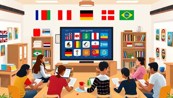 A vibrant and diverse virtual classroom setting with language flags, cultural artifacts, and interactive language learning tools displayed on a digital screen, surrounded by enthusiastic language learners engaging in lively conversations and language exercises, fostering a dynamic and multicultural learning environment at LingoLink Academy.