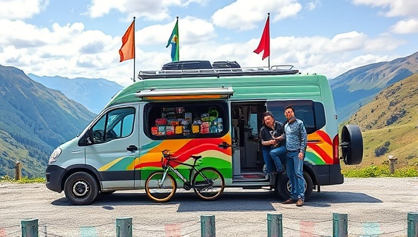 A colorful mobile van parked in a scenic location with bicycles displayed outside, welcoming curious tourists and locals, with vibrant flags fluttering in the breeze and a backdrop of picturesque landscapes, conveying a sense of adventure and exploration.