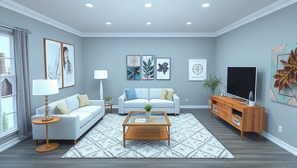 An AR visualization of a virtual living room with digitally placed furniture and decor items from various online retailers, illustrating the seamless integration of AR technology in the shopping experience.