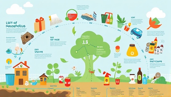 An engaging infographic illustrating the lifecycle of household waste from disposal to recycling, with vibrant visuals showcasing the impact of sustainable waste management practices on the environment.