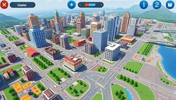 An engaging city-building simulation interface displaying a vibrant virtual cityscape with customizable buildings, roads, parks, and infrastructure elements, inviting users to design and shape their urban environments, fostering creativity and strategic thinking in urban planning.