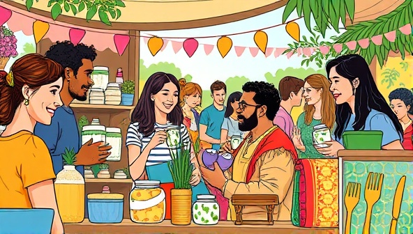 An engaging and colorful illustration showing a diverse group of people exchanging various eco-friendly home goods like reusable containers, bamboo utensils, and handmade textiles in a vibrant marketplace setting, highlighting the concept of sustainability and community sharing.