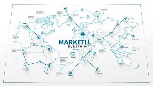 An artistic portrayal of a digital marketing blueprint unfolding like a map, with interconnected channels and strategies leading to a central goal, symbolizing the comprehensive and strategic approach offered by Digital Blueprint Creations in designing customized marketing playbooks for businesses.
