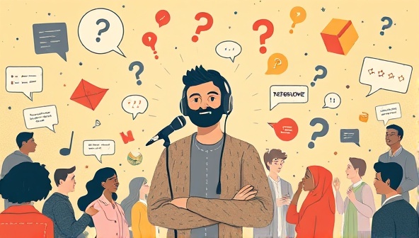 An abstract illustration of a podcast host surrounded by floating interactive story elements like speech bubbles, question marks, and diverse characters, symbolizing the dynamic and engaging storytelling experience of the interactive podcast series.