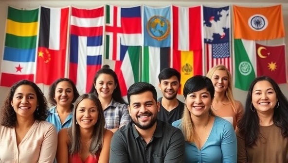 A diverse group of individuals from different cultural backgrounds engaging in a virtual language exchange session, with language flags in the background symbolizing global connectivity and linguistic diversity, capturing the essence of LingoConnect's online language learning community.