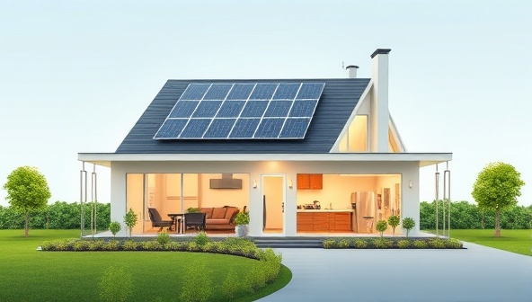 An artistic depiction of a modern, energy-efficient home with solar panels, smart appliances, and green landscaping, showcasing the concept of sustainable living and eco-friendly home upgrades.
