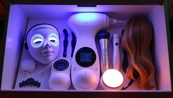 An assortment of high-tech beauty gadgets displayed in a sleek and modern rental box, including LED face masks, microcurrent devices, and hair styling tools, with a soft glow emanating from the devices, conveying a sense of luxury and innovation in beauty technology.