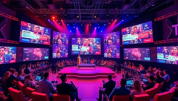 An engaging visual of a vibrant live streaming set with interactive elements like polls, chat boxes, and real-time audience feedback, showcasing the immersive and dynamic experience created by StreamEngage Marketing for brands looking to connect with customers in a new way.