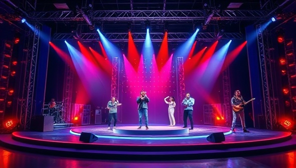 An eye-catching graphic showing a virtual stage with spotlights shining on various performers showcasing their talents, creating a vibrant and dynamic visual representation of the platform.