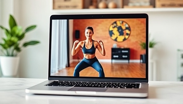 An interactive virtual workout session displayed on a laptop screen, with a fitness coach guiding a client through exercises in a vibrant and energetic setting, showcasing the convenience and effectiveness of virtual fitness coaching.